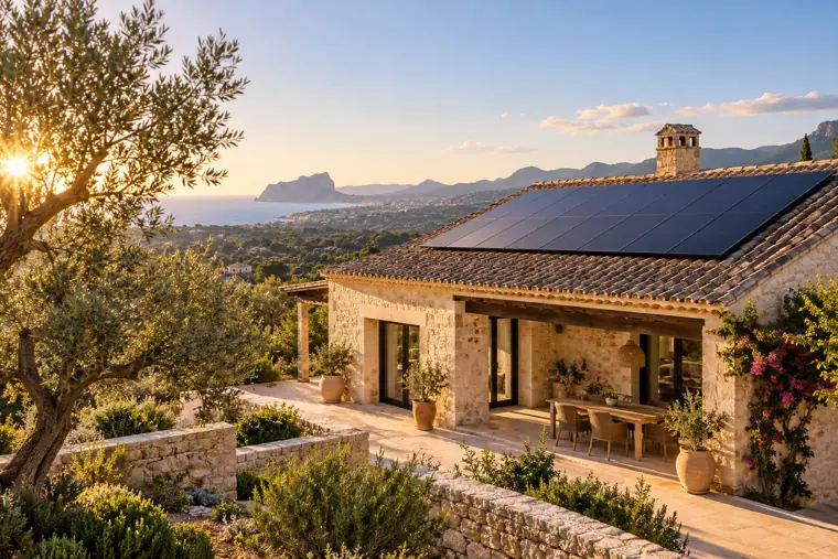 Illustrative mediterrane Finca mit Photovoltaik auf dem Dach