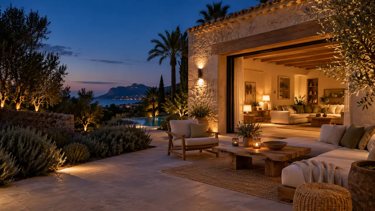 Illustrative mediterrane Finca mit warm beleuchteten Wohnräumen am Abend